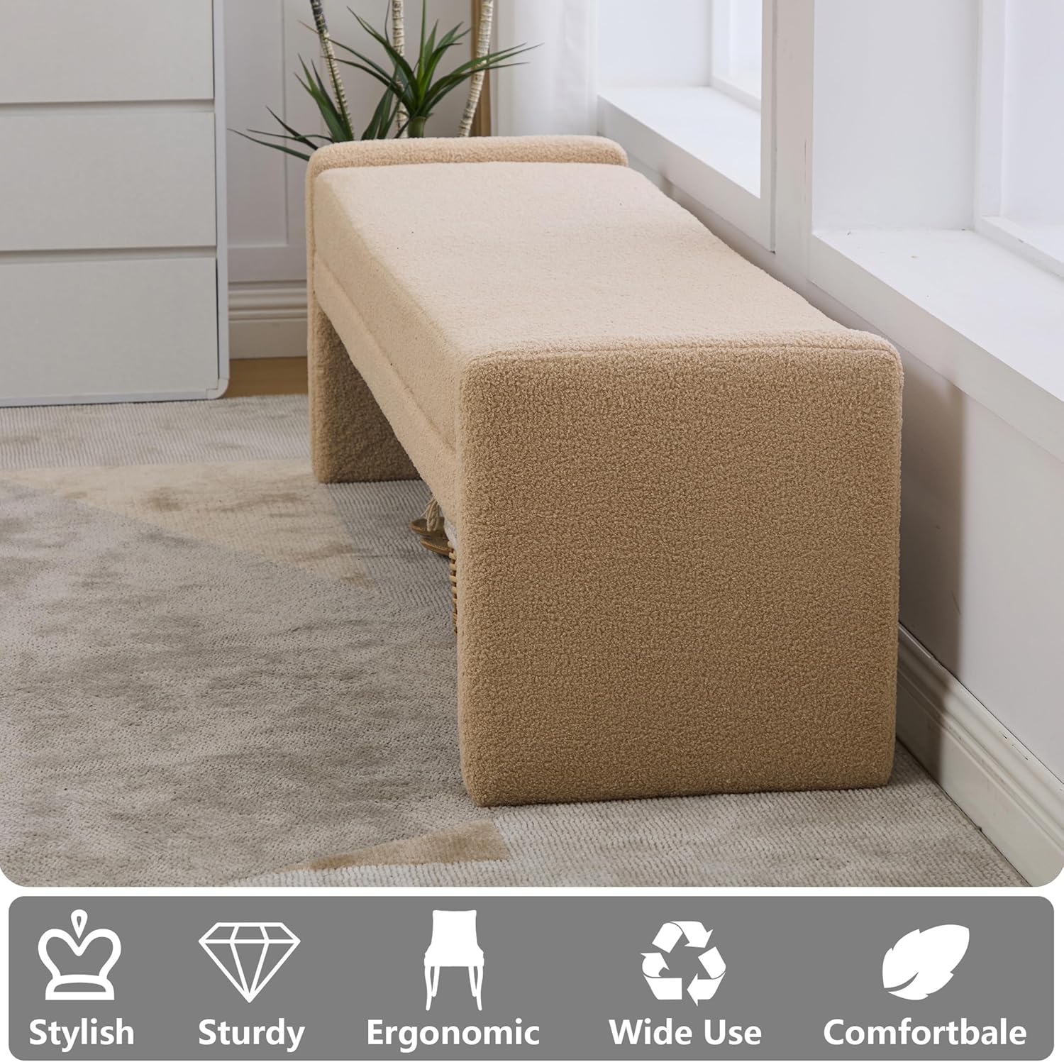 Teddy Bedside Bench for Bedroom King Size,66.9" Minimalist Long Ottoman Benches for Bedroom,Living Room,Entryway,Window,Modern Fuzzy Bed End Bench with Seating for Foot of Bed