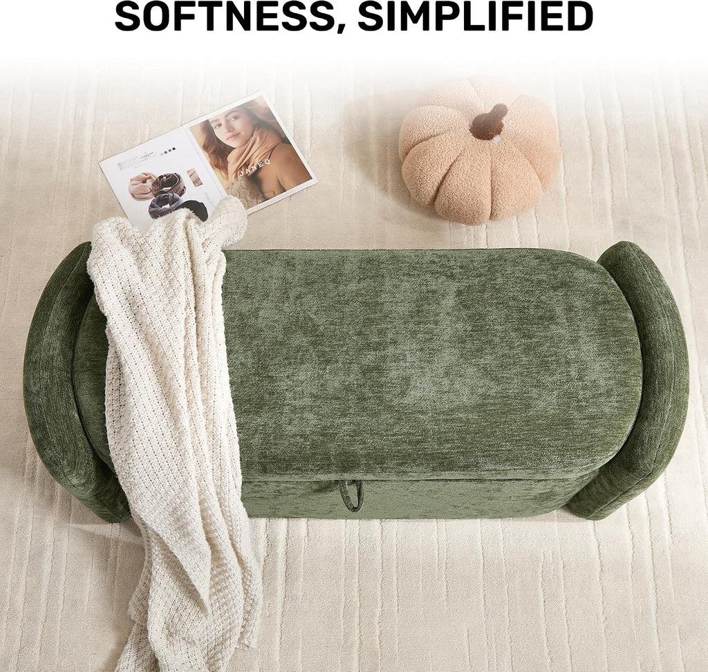 Oval Ottoman Bench with 20 Gal of Storage Space Upholstered Chenille Seat End of Bed Storage Bench Storage Ottoman with Storage for Bedroom, Living Room, Entryway, Window(Green)