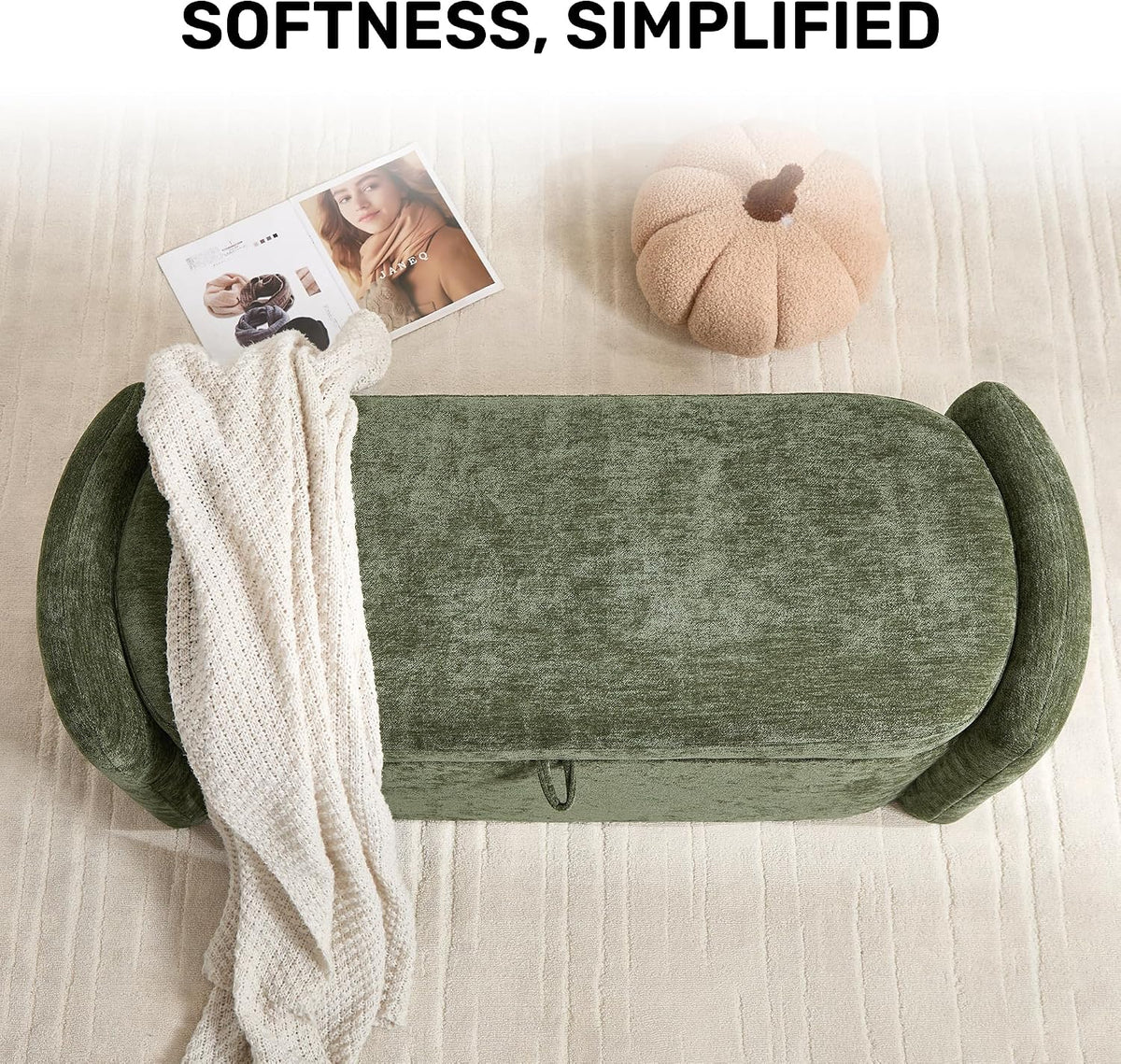 Oval Ottoman Bench with 20 Gal of Storage Space Upholstered Chenille Seat End of Bed Storage Bench Storage Ottoman with Storage for Bedroom, Living Room, Entryway, Window(Green)