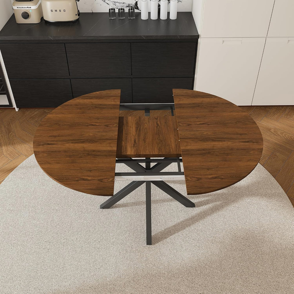 Round Dining Table Set for 6, 43-59" Extendable Dining Room Table Set, Walnut Wood Grain Table and 6 Black PU Leather Upholstered Chairs Set, Mid Century Modern Kitchen Table Set with Cross Legs