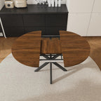 Round Dining Table Set for 6, 43-59" Extendable Dining Room Table Set, Walnut Wood Grain Table and 6 Black PU Leather Upholstered Chairs Set, Mid Century Modern Kitchen Table Set with Cross Legs