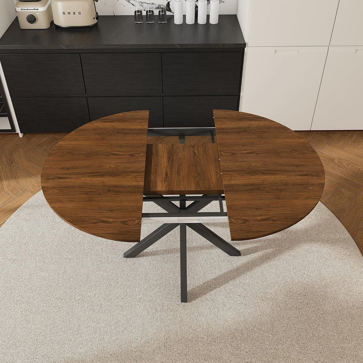 Round Dining Table Set for 6, 43-59" Extendable Dining Room Table Set, Walnut Wood Grain Table and 6 Black PU Leather Upholstered Chairs Set, Mid Century Modern Kitchen Table Set with Cross Legs
