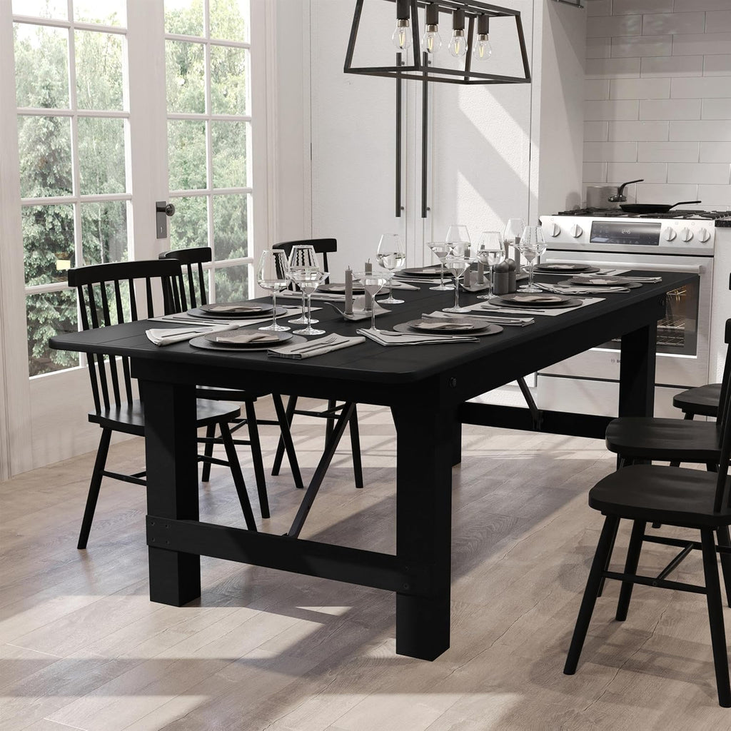 Flash Furniture Hercules Commercial Rectangular Farmhouse Folding Table, Antique Rustic Solid Pine Dining Room Table, Foldable Locking Legs, 8' x 40", Black Wash