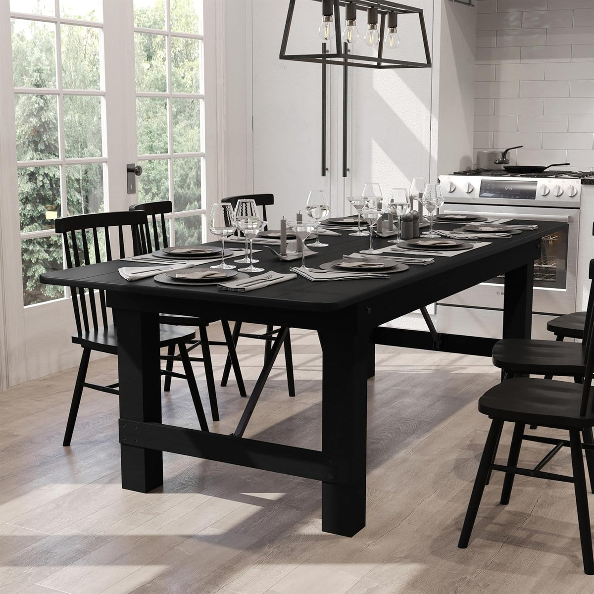 Flash Furniture Hercules Commercial Rectangular Farmhouse Folding Table, Antique Rustic Solid Pine Dining Room Table, Foldable Locking Legs, 8' x 40", Black Wash