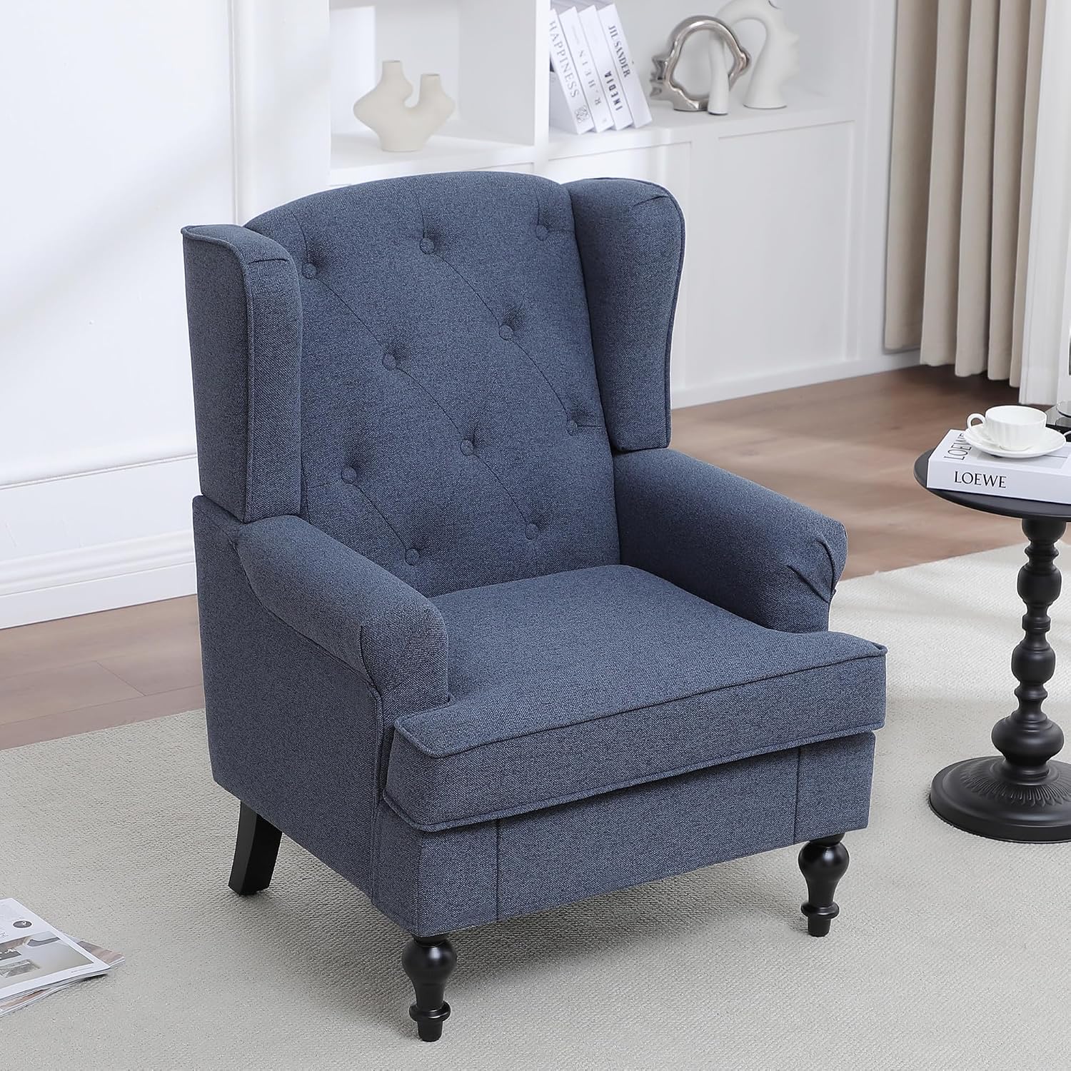 Accent Chair Set of 2, Mid Century Modern Fabric Wingback Chair, Upholstered Armchair with High Back and Vintage Legs, Comfy Single Sofa Side Reading Chair for Living Room Bedroom, Blue