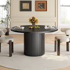 47 inch Round Dining Table for 4, Circle Kitchen Table with Wood Strip Base, Modern Farmhouse Dinner Tables for Kitchen, Living Room (Black)