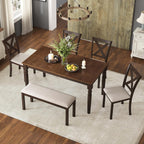 AMERLIFE 6-Piece Farmhouse Dining Table Set for 6-7, 60" Solid Wood Kitchen Table and Chairs, 1 Dining Table, 4 Upholstered Chairs and 1 Bench, Rustic Dining Room Set, Brown