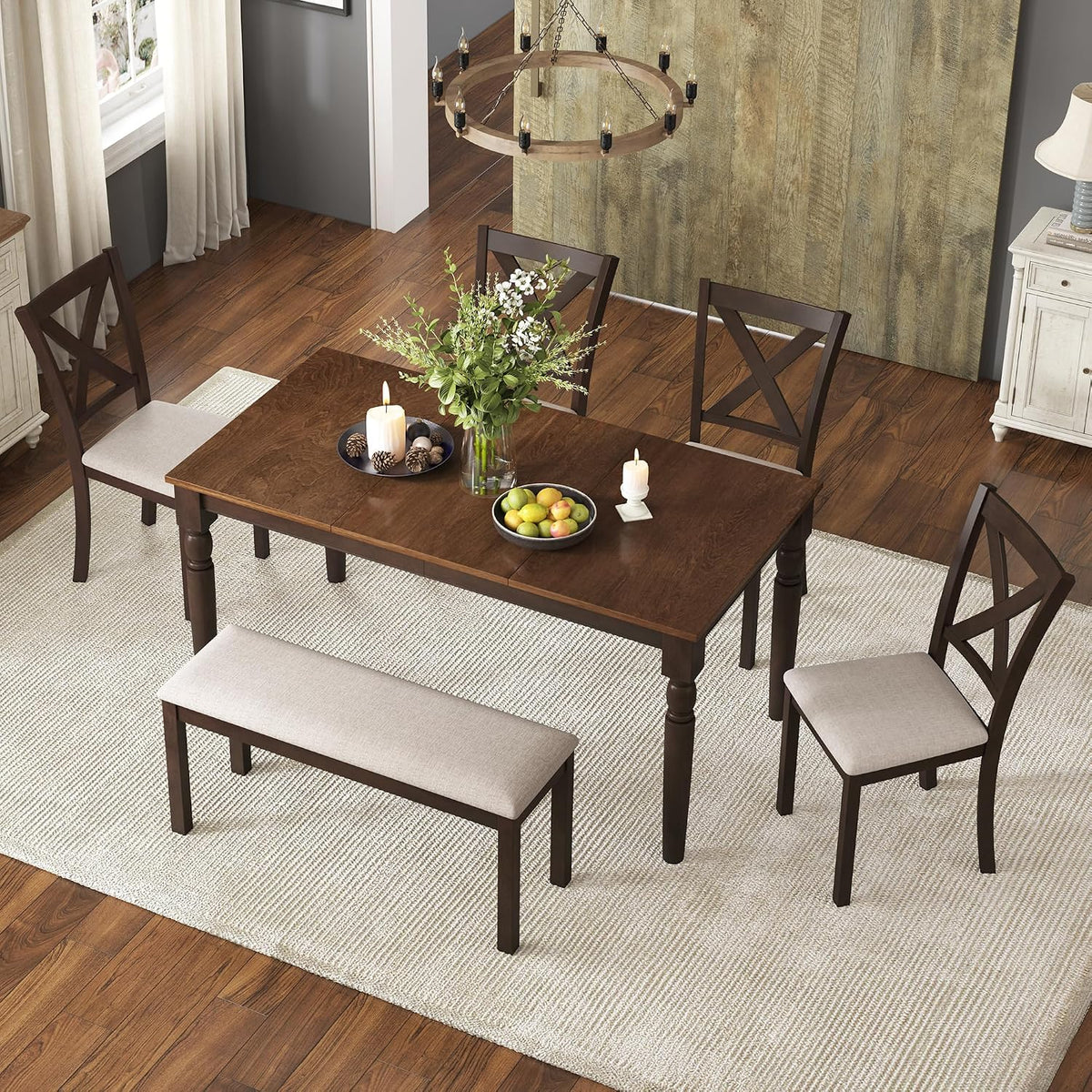AMERLIFE 6-Piece Farmhouse Dining Table Set for 6-7, 60" Solid Wood Kitchen Table and Chairs, 1 Dining Table, 4 Upholstered Chairs and 1 Bench, Rustic Dining Room Set, Brown