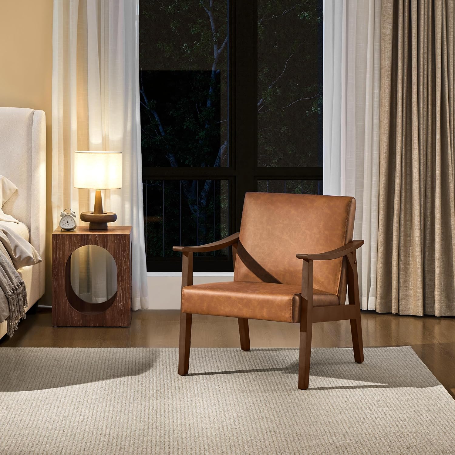 Yaheetech Accent Chair, Mid-Century Armchair with High Back Brown | Faux Leather Chair with Solid Wood Legs, Cozy Reading Leisure Chair for Living Room, Bedroom, Waiting Room