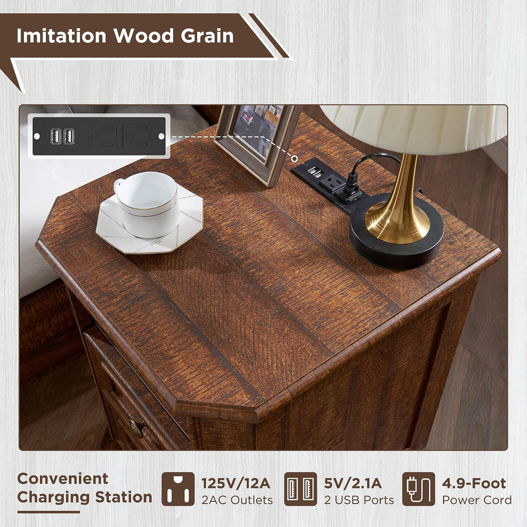 T4TREAM Farmhouse Nightstand Set of 2 with Charging Station, 18" End Table with 2 Drawers, Wood Side Table, Bedside Cabinet for Bedroom, Living Room (Brown)