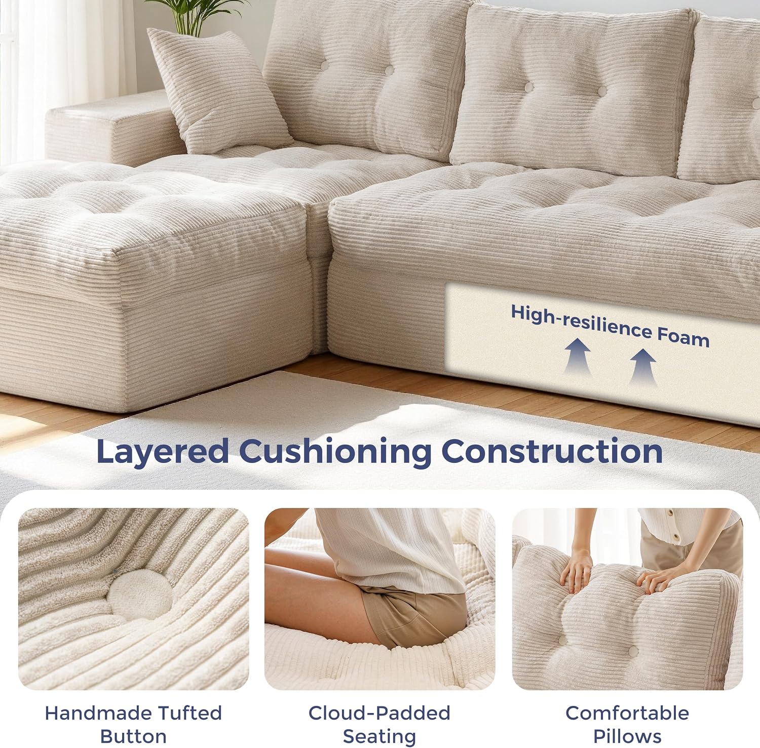 MAXYOYO Couch, 96-Inch L-Shaped Cloud Couch with Ottoman | Beige Layered Cushioning and Flexible Modules Create an Upholstered Sofa in a Box with No Assembly for Spacious Living Rooms.