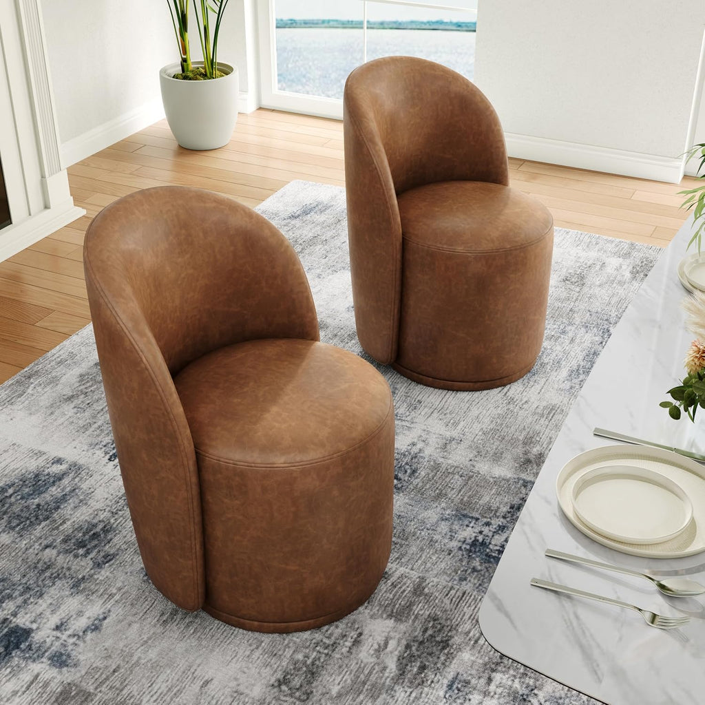 Swivel Barrel Dining Chairs, Upholstered Modern Accent Chair for Living Room, Bedroom, Makeup Vanity, Dining Room, Kitchen (Swivel Leather Brown, Set of 6)