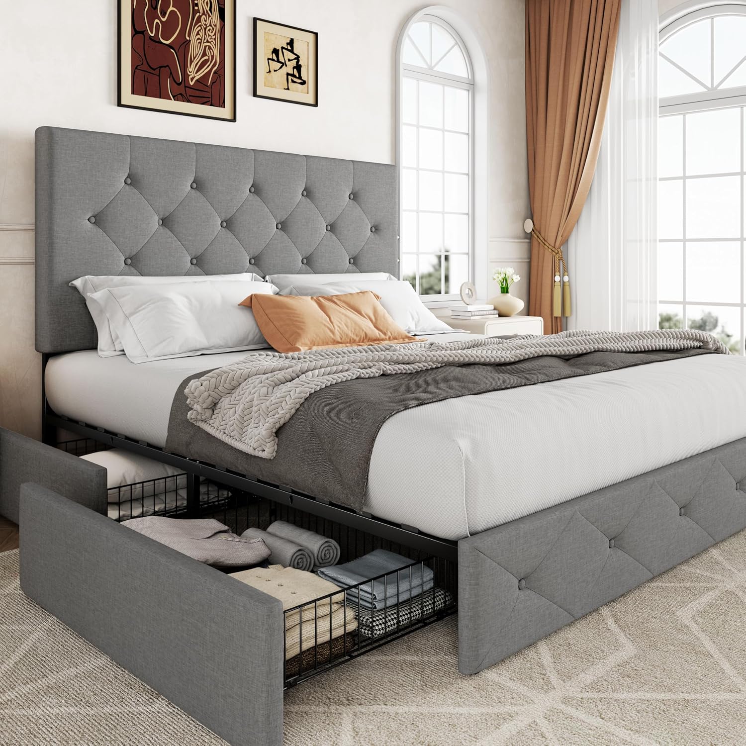 Allewie Full Size Storage Bed Frame with 4 Underbed Drawers, Light Grey