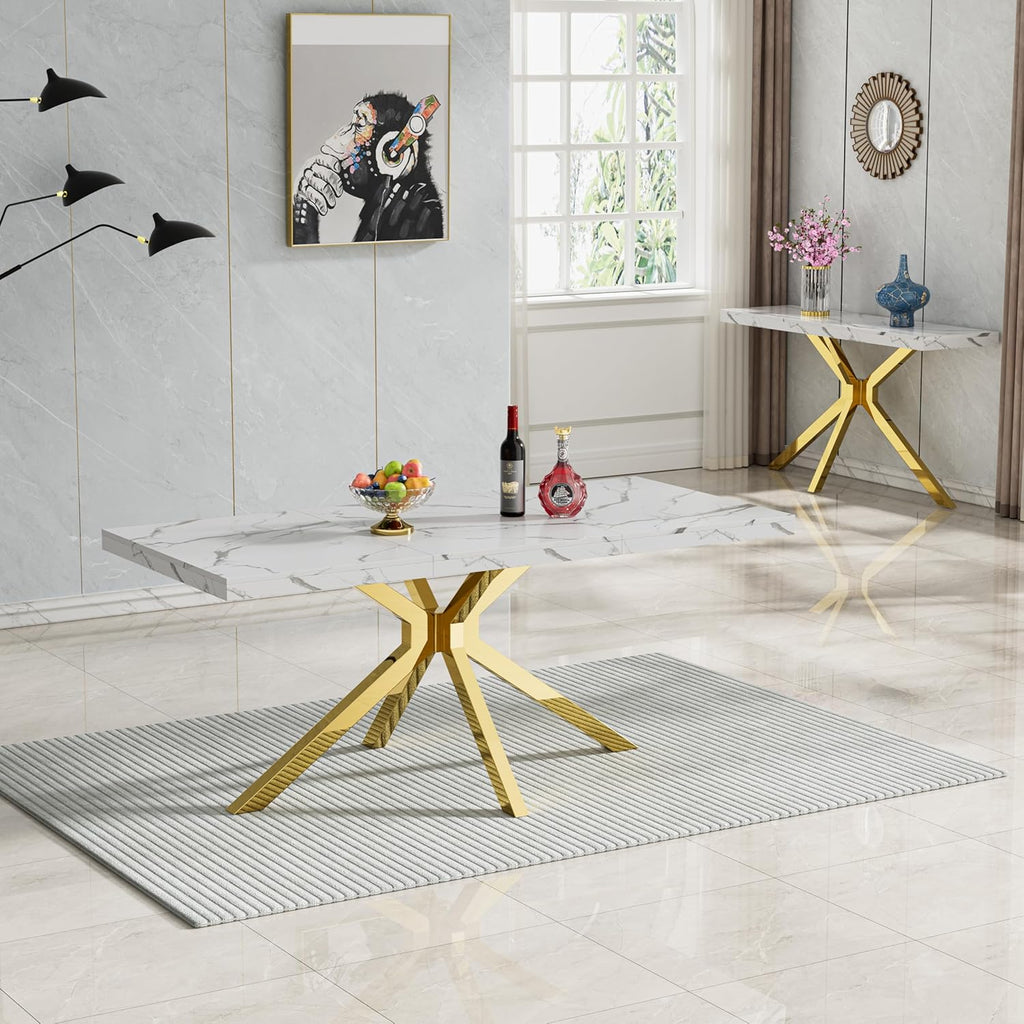 5 Piece Marble Dining Set for 4, 70.87" Rectangular Dining Room Table with 4 Grey Velvet Chairs, Gold Stainless Steel Frame, Luxury Modern Kitchen Table Set for Dining Room, Easy Assembly