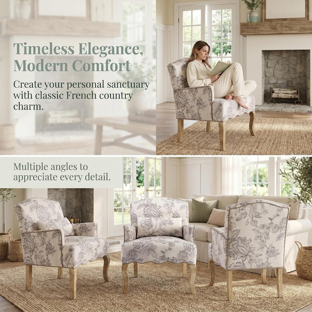 Shunzhi Floral Accent Chairs Farmhouse Upholstered Armchair Linen Reading Chair Mid Century Modern Single Sofa Chair with Pillow for Bedroom/Living Room/Fireplace, Beige, 1PC