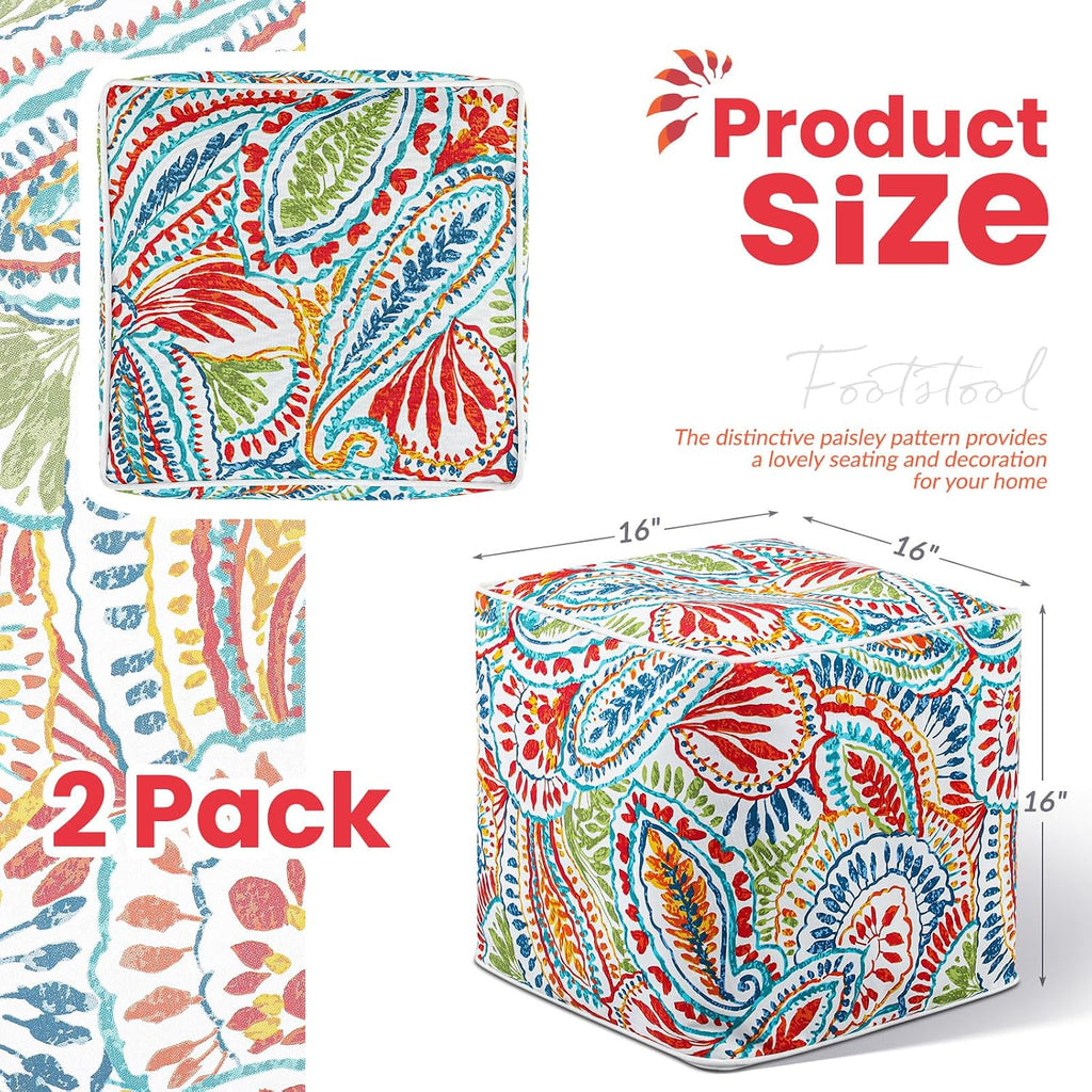 Juexica 2 Pack Inflatable Outdoor Ottoman Pouf Waterproof Cube 16" Square Blow up Ottoman Footrest with Handle Outdoor Portable Footstool for Patio Garden Camping or Home Pool(Retro,Red)