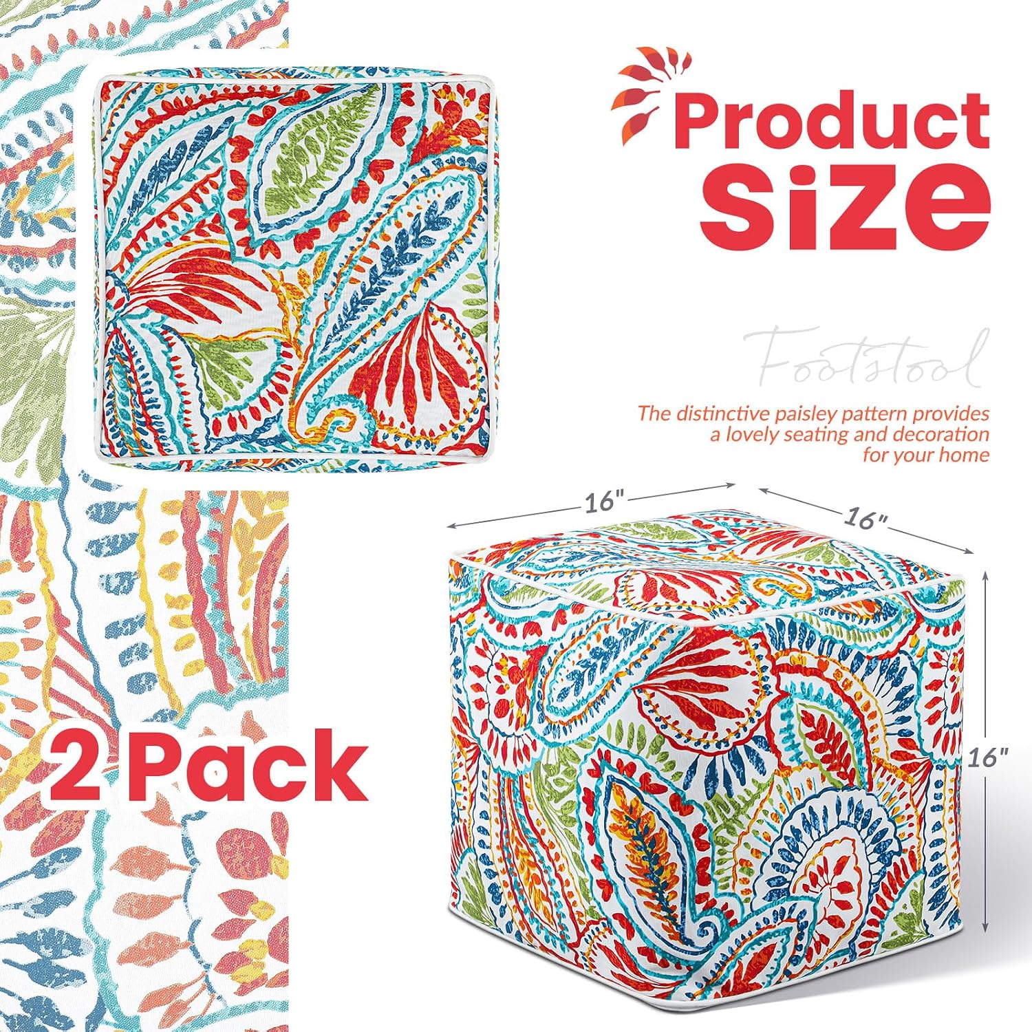Juexica 2 Pack Inflatable Outdoor Ottoman Pouf Waterproof Cube 16" Square Blow up Ottoman Footrest with Handle Outdoor Portable Footstool for Patio Garden Camping or Home Pool(Retro,Red)