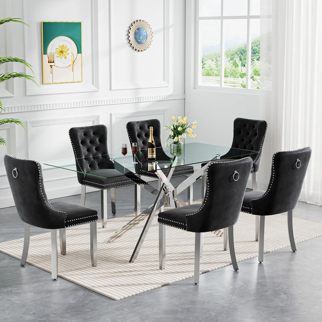 61" Rectangle Glass Dining Table for 4-6, Luxury Kitchen Table with Tempered Glass Top and Silver Metal Cross Legs, Modern Glass Dinner Table for Kitchen Dining Room Small Apartment