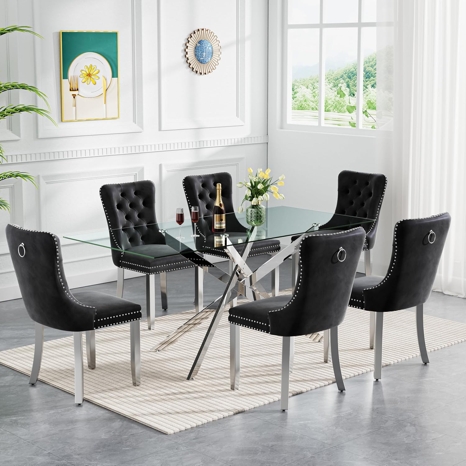 61" Rectangle Glass Dining Table for 4-6, Luxury Kitchen Table with Tempered Glass Top and Silver Metal Cross Legs, Modern Glass Dinner Table for Kitchen Dining Room Small Apartment