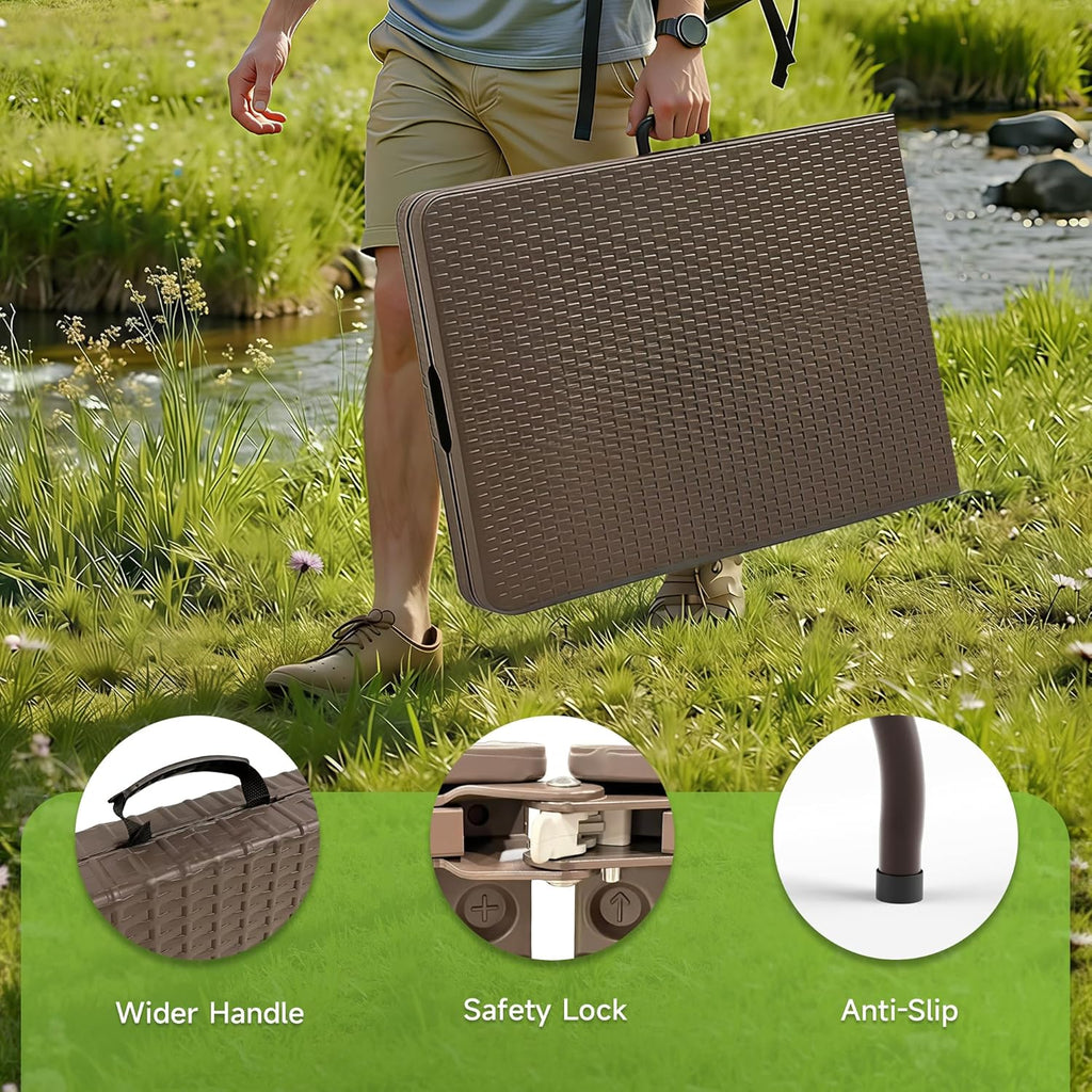 Folding Table 6 Foot, Heavy Duty 600 LBS Capacity, HDPE Wicker Pattern, Sturdy Design with Safety Lock, Portable Tables Folding for Camping, Party, Indoor & Outdoor Use, 2 Pack