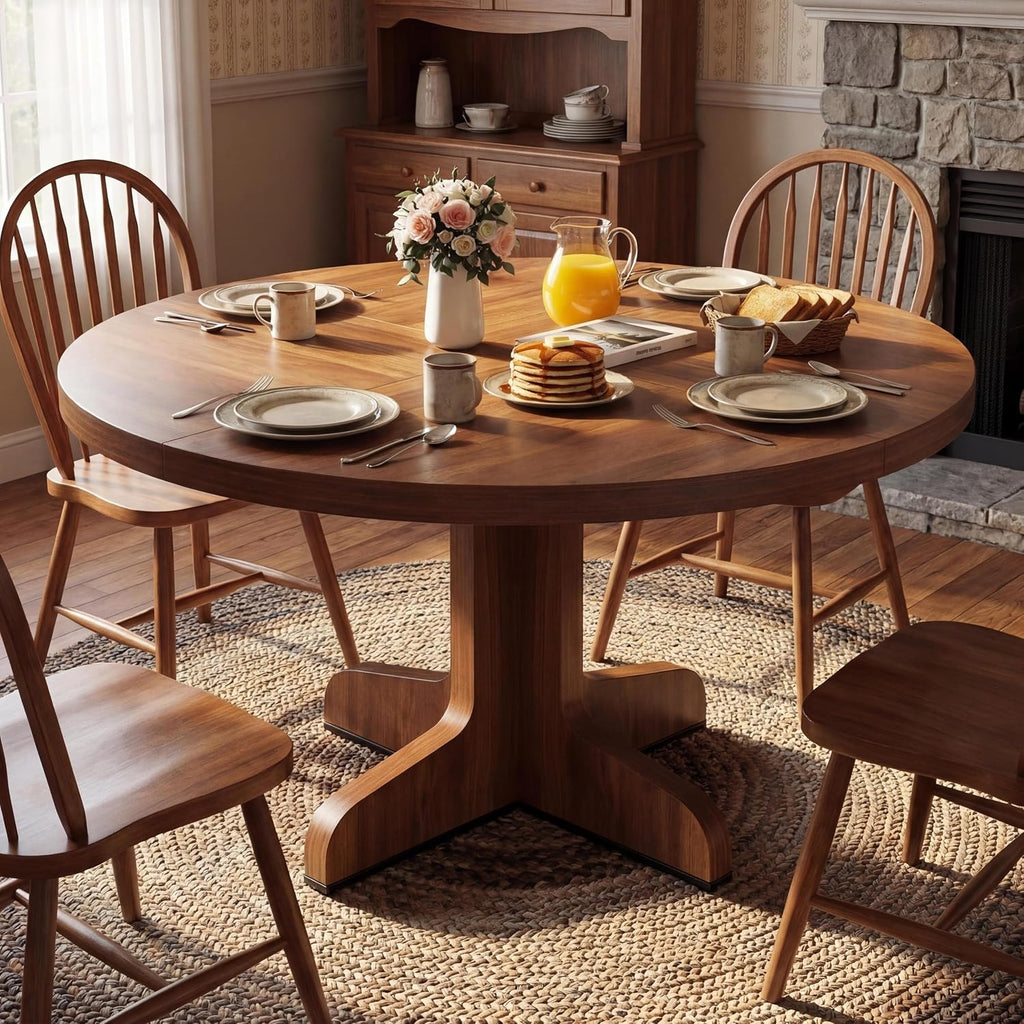 GarveeHome Kitchen Table for 4-6 People, Dining Table, Round Dining Room Table for Kitchen, 47 Inch Round Table for Dining Room, Walnut