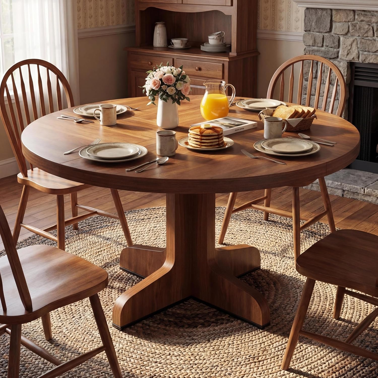 GarveeHome Kitchen Table for 4-6 People, Dining Table, Round Dining Room Table for Kitchen, 47 Inch Round Table for Dining Room, Walnut