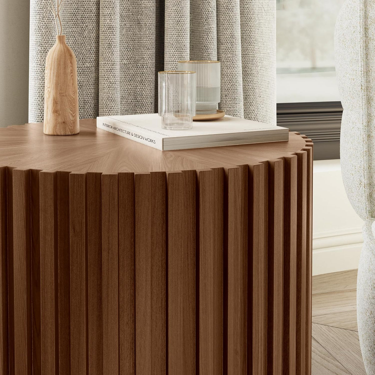 POVISON Fluted Side Set of 2, 20.08" Round End Side Table with Fluted Design for Living Room Bedroom Office, Light Walnut