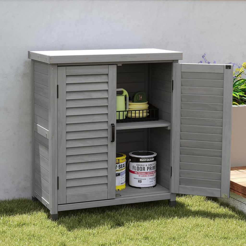 32" Solid Wood Storage Cabinet, Sideboard Cabinets with Metal Table Top, Living Room Organizer with Louvered Ventilation for Outdoor Patios, Grey
