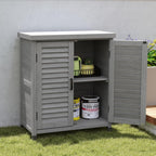 32" Solid Wood Storage Cabinet, Sideboard Cabinets with Metal Table Top, Living Room Organizer with Louvered Ventilation for Outdoor Patios, Grey