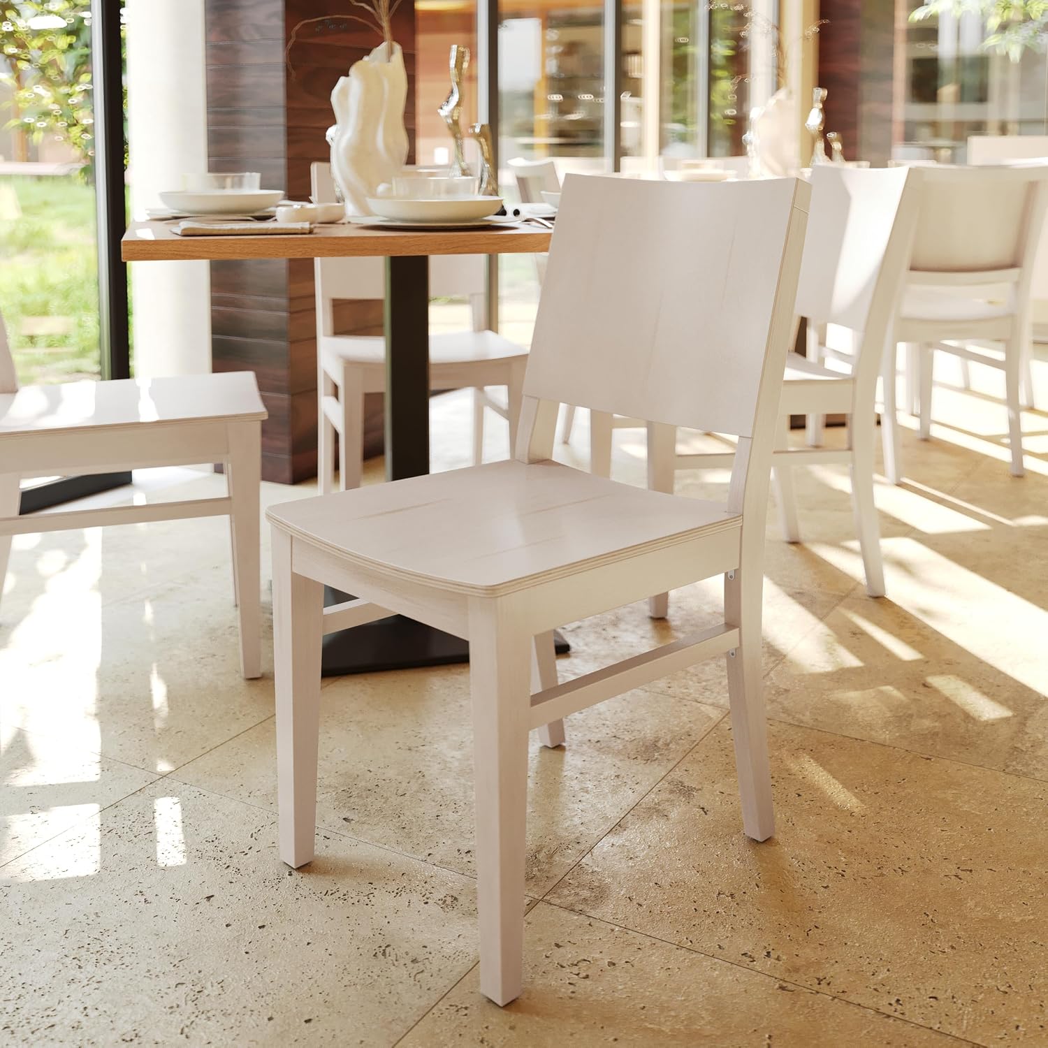 Flash Furniture Naples Commercial Solid Wood Dining Chair, Curved Backrest, Sturdy Mortise and Tenon Construction, Antique White