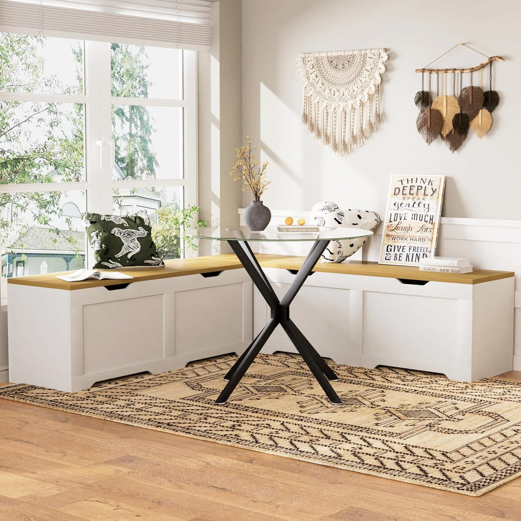 3-Piece L-Shape Storage Bench Set with Cushion, Kitchen Dining Nook Bench with Hidden Storage for Dining Room, Entryway,Backless Corner Dining Bench (White)