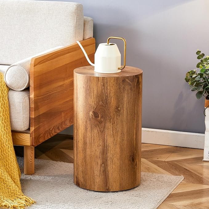 Modern Round Top Coffee Table,12Inch Cylindrical End Table,Small Side Table with Texture for Living Room,Office,Apartment
