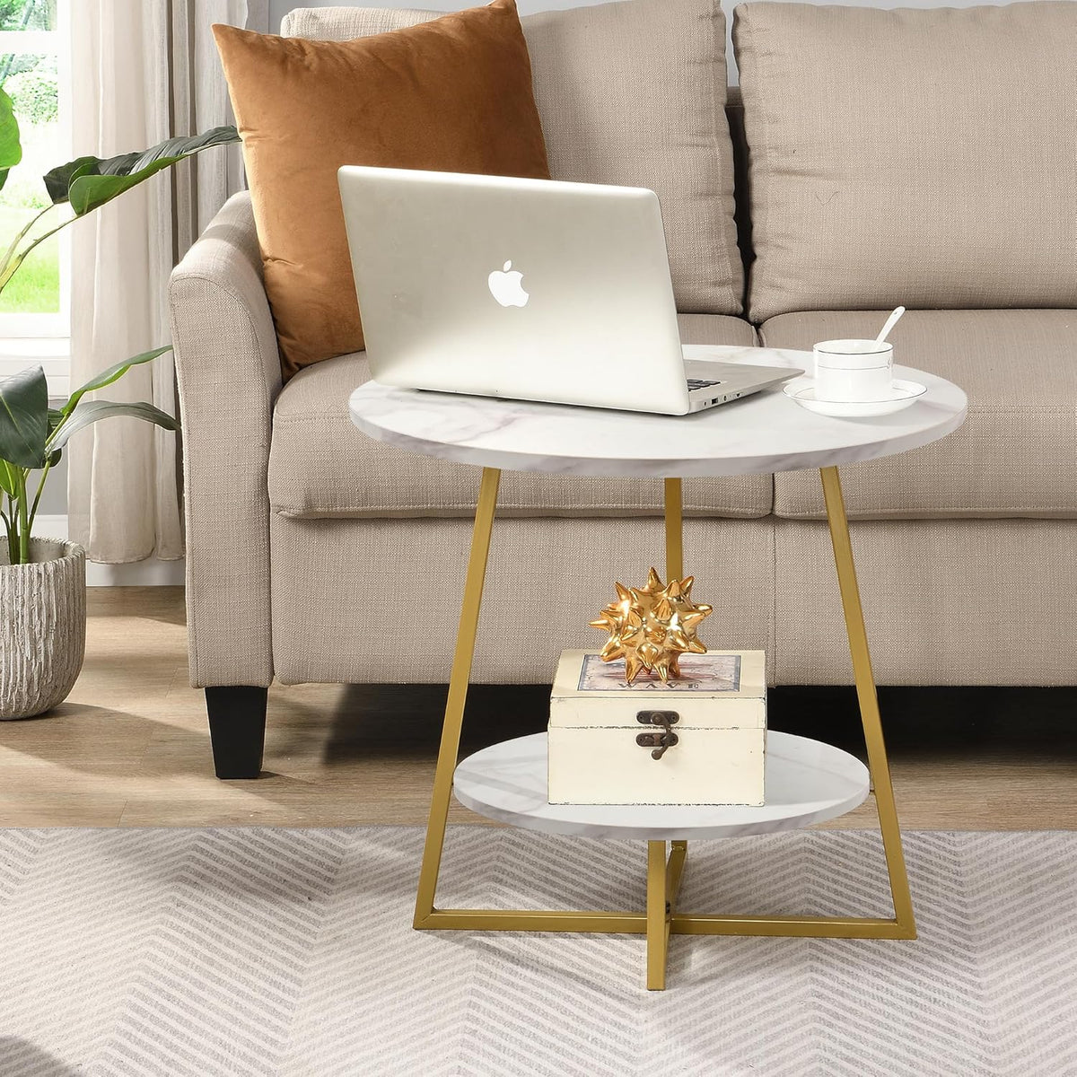 D&H FURNIMMT 20" Living Room Side Table Set of 2 for Small Spaces, 2 Tier Wood Top Round End Tables with Storage Shelf, Accent Sofa Table for Bedroom, Office, Sunroom, Balcony, White Faux Marble/Gold
