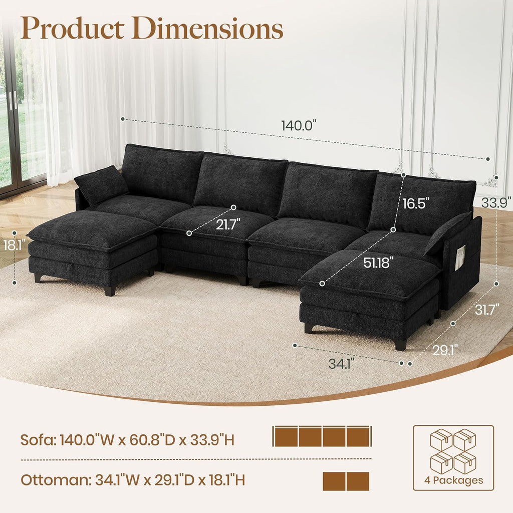 140" U-Shaped Modern Modular Sectional Sofa, Chenille Cloud Couch with Storage Ottoman, Deep Seat Couches with Side Pocket for Living Room, Bedroom and Apartment, Dark Grey
