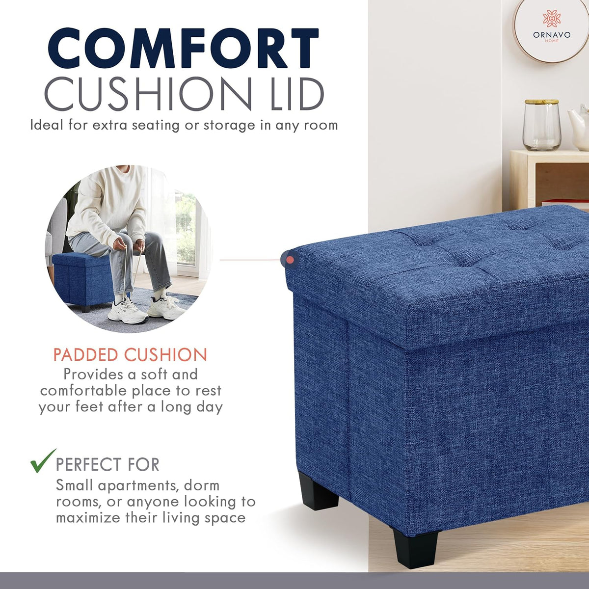 Ornavo Home Storage Ottoman Small Rectangle Ottoman with Legs, Foot Rest Stool Seat, Load up to 600 LB, for Living Room, Bedroom, Home Office, Dorm - 12 x 16 x 12, Navy Blue