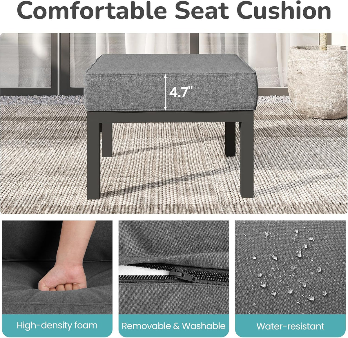 Wisteria Lane Metal Patio Furniture Footstools Set of 2, Oversized Outdoor Ottomans with Upgraded Cushions, All-Weather Outdoor Footrest Seat for Balcony, Garden, Deck, Backyard, Gray