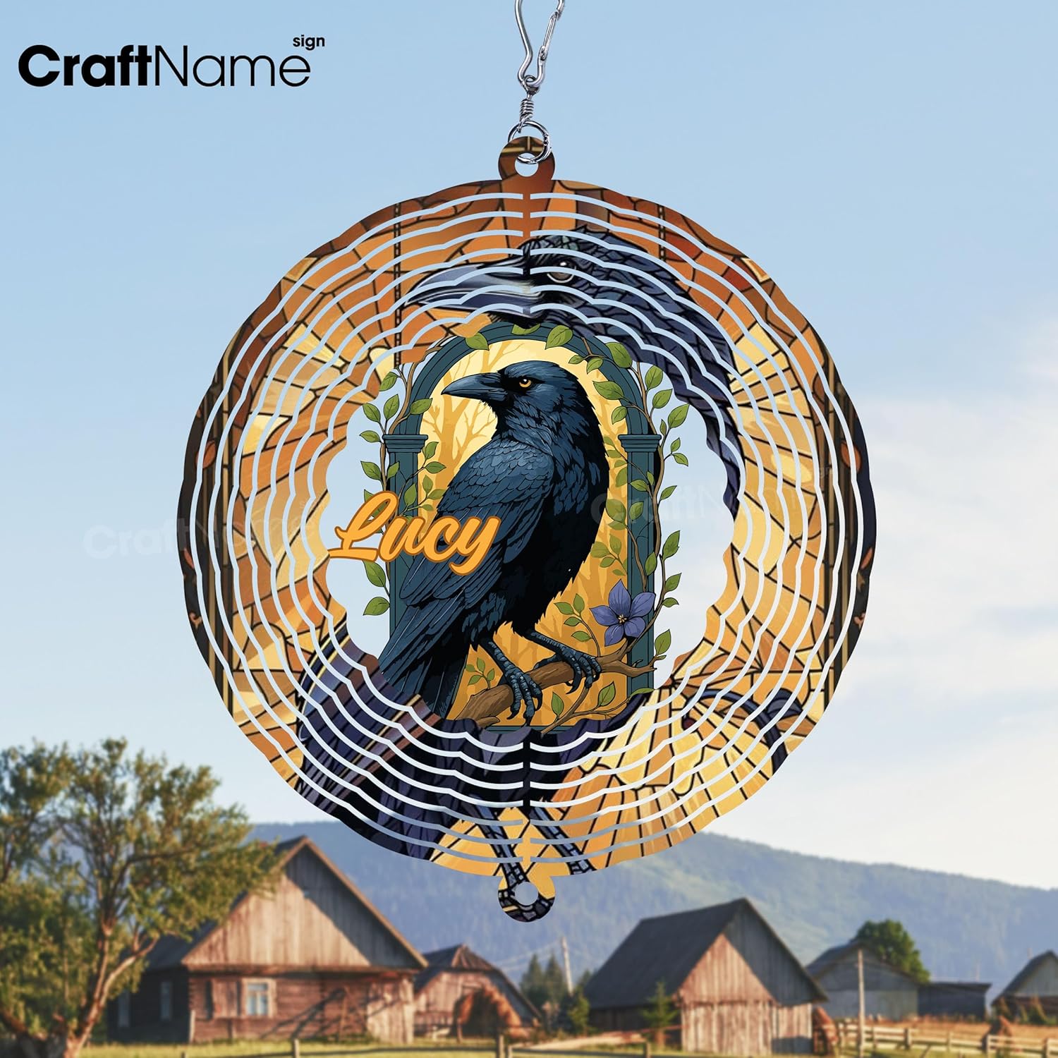 Personalized Raven Wind Spinner 3D Stainless Steel, Raven Garden Spinner Hanging Outdoor Decor, Wind Spinners Outdoor, Custom Gift for Grandmother, Mom, Wife