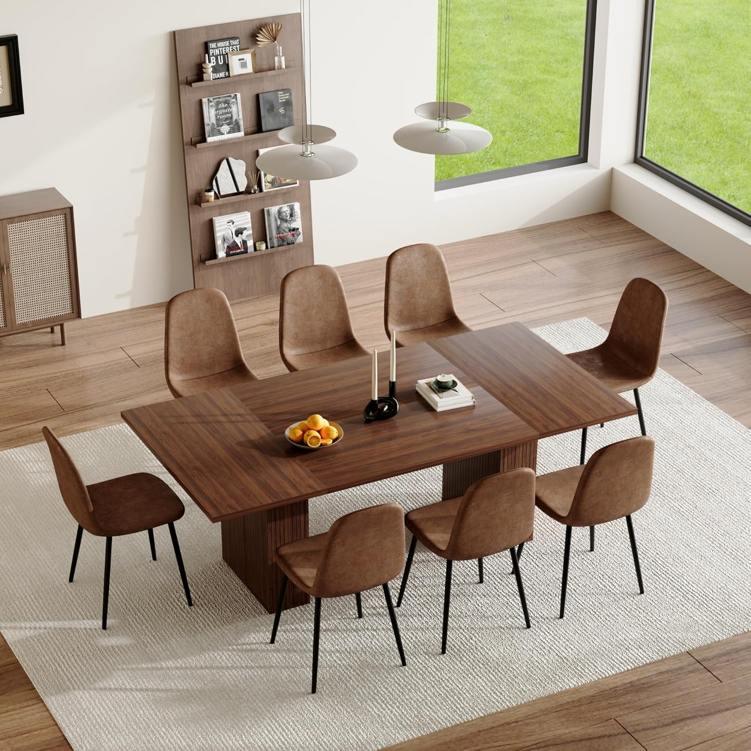 78.74" Dining Table Set for 8 with Storage Cabinet, Large Rectangular Dining Table Set with 8 Upholstered Chairs, 9 Piece Walnut Dining Room Table and Chairs Set for Big Family