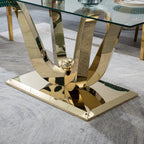 70" Glass Dining Table Set for 6, Modern Kitchen Table with 6 PU Leather Dining Chairs 7-Piece Dining Table and Chairs for 6 with Shiny Gold Metal Pedestal Base