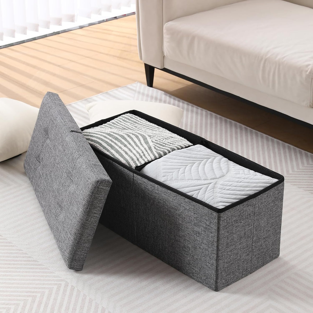 Storage Ottoman Bench Foldable Seat Footrest Shoe Bench End of Bed Storage with Flipping Lid, 75L Storage Space, 30 inches Linen Fabric Dark Grey