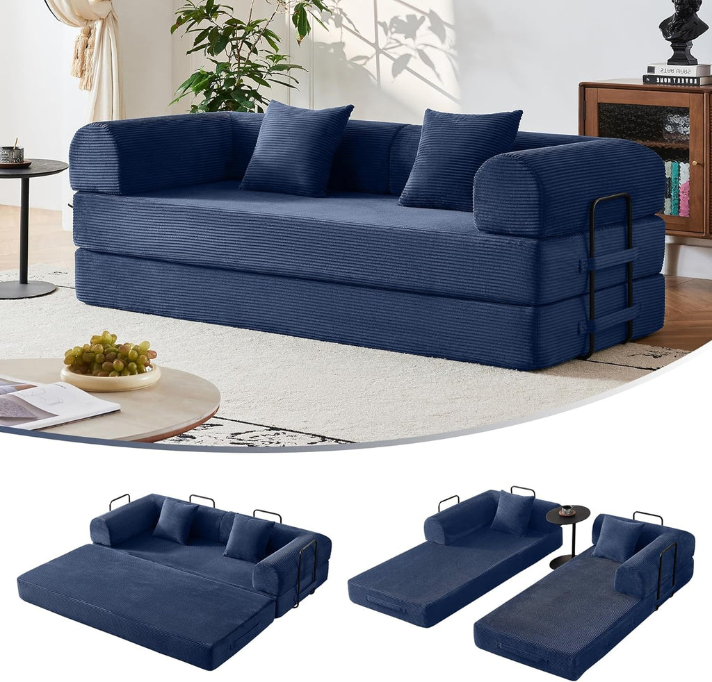 79" Convertible Sofa Bed, Couches for Living Room | Navy Blue | Corduroy Futon Sofa Bed with Pocket Springs, Modular Sleeper Couch in a Box, No Assembly