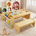 Xilingol Montessori Kids Table and Bench Set with Storage, Wooden Toddler Desk and Chairs Set, Indoor Activity Craft Table for Playroom, Boys, Girls (Natural)