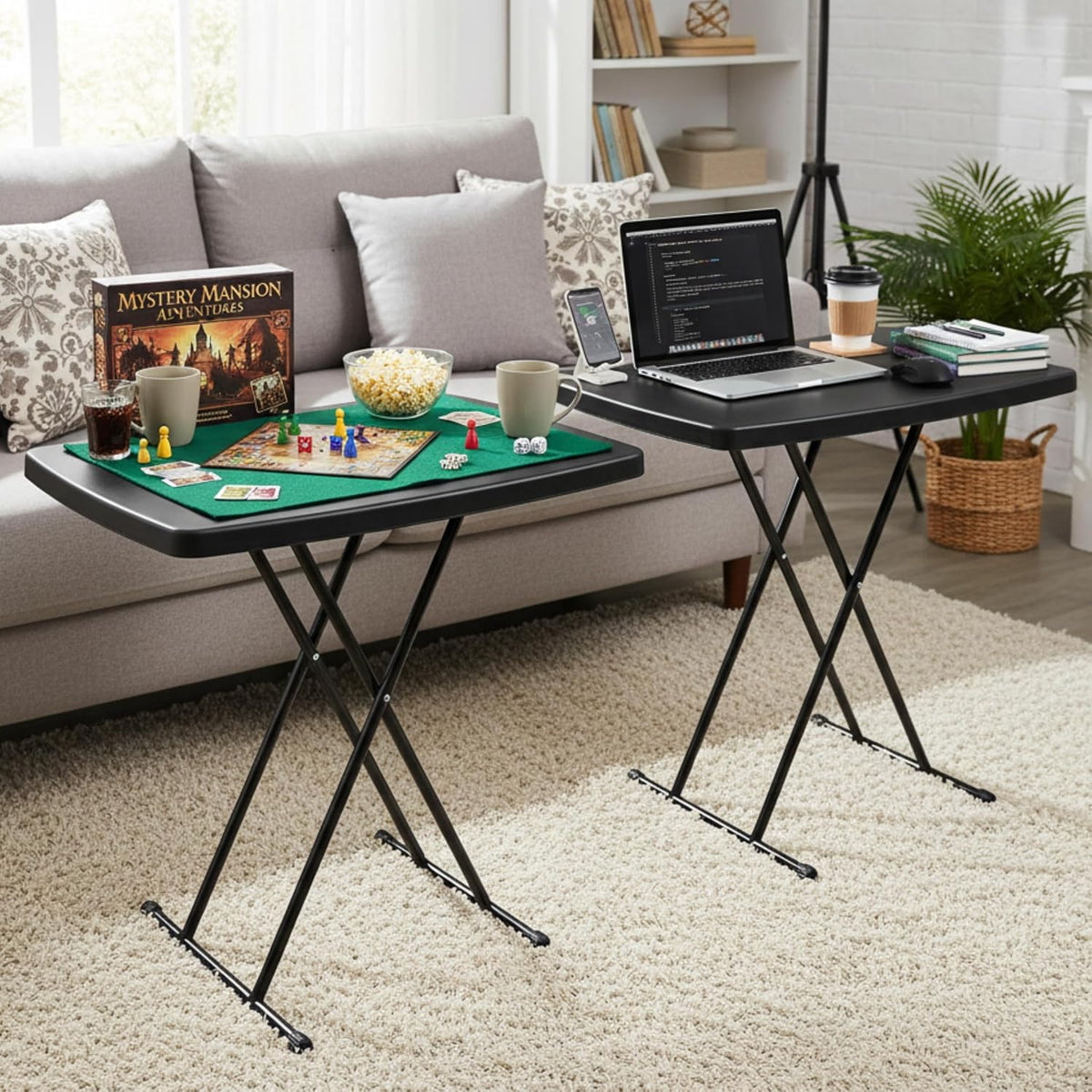 Lavish Home Portable Folding Tables Set of 2-2.5 Foot Indoor/Outdoor Portable Lightweight Small Tables with Adjustable Height - TV Trays Set of 2 for Laptop, Cards, Camping, Crafting, Party (Black)