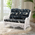 Malibu Lounge Loveseat Sofa Natural Rattan Wicker Handmade Design, White Color with Black Leaf Cushions
