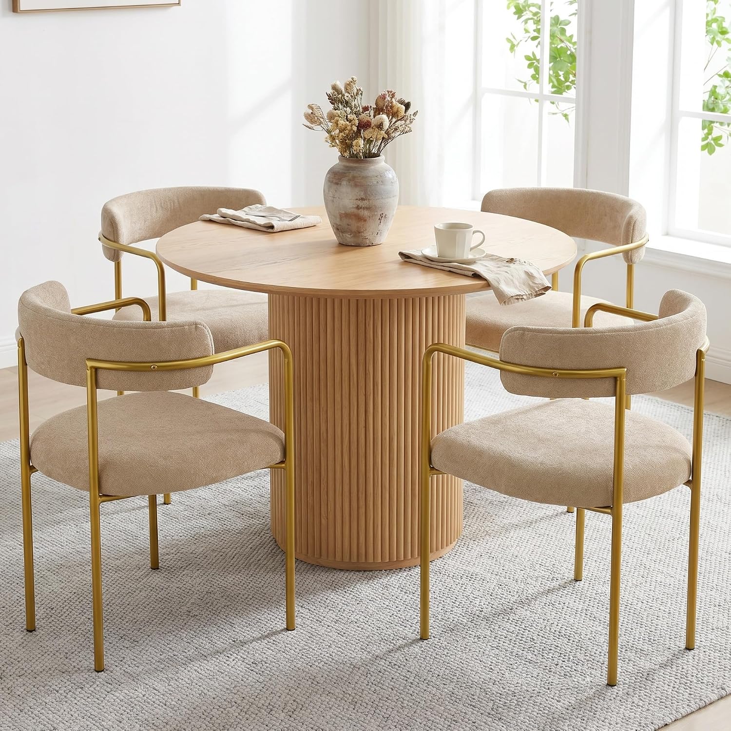 Boucle Dining Chairs Set of 4 with Arms, Mid Century Modern Upholstered Dining Chairs for Kitchen & Dining Room, Curved Backrest, Gold Metal Frame (Taupe/Sand)