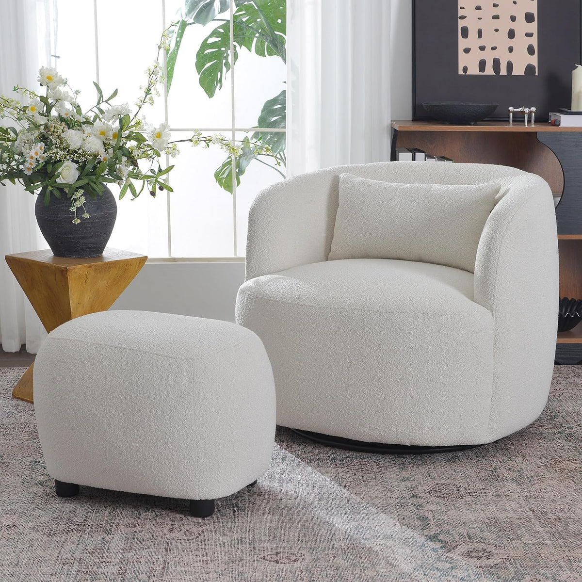 KINWELL Round Boucle Upholstered Ottoman Chair Padded Seat Footstool, Beige | Easy Assembled Modern Soft Sofa Couch Loveseat Chair Footrest, Extra Seating for Bedroom Entryway, 18.5" D x 23" W x 16.5" H