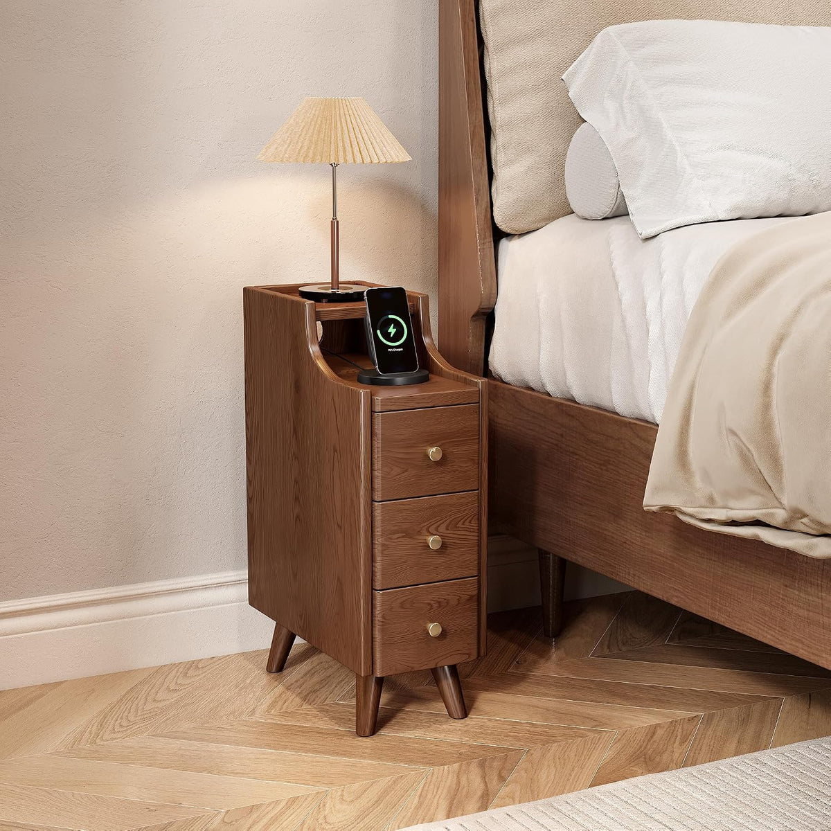 IUNVR Narrow Nightstand with 3 Drawers, Solid Wood Slim Bedside Table | 7.9" Modern Nightstand with Open Shelf & Cable Hole, Space Saving Storage Cabinet for Bedroom and Study