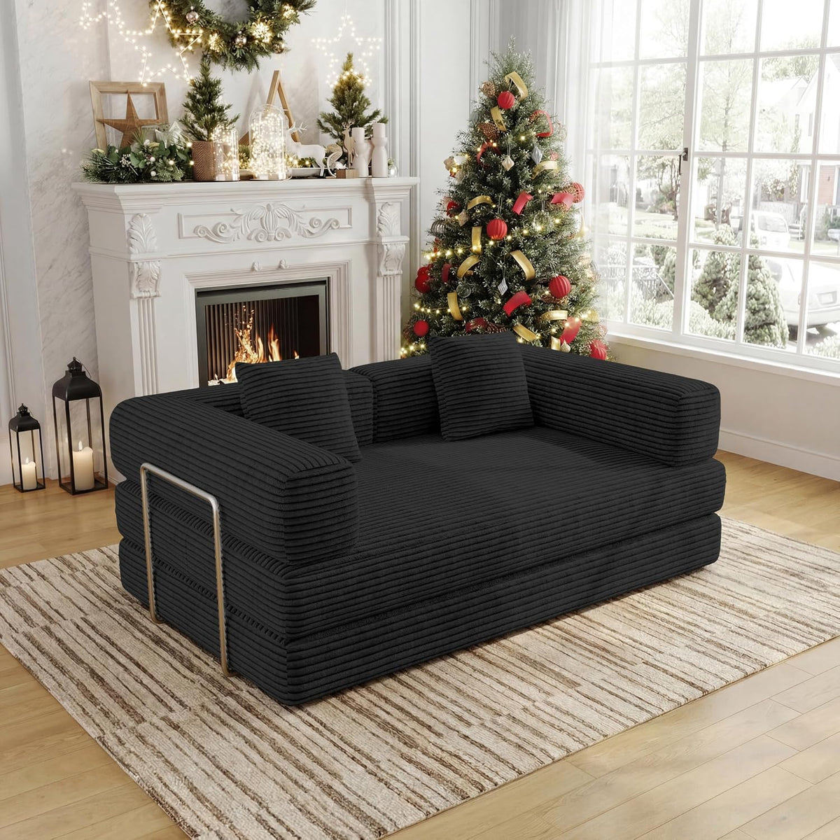 59 Inch Convertible Sofas Bed, 5-in-1 Futon Sofa Pull Out Sleeper Couch, Couches for Living Room, Corduroy Floor Compression Loveseat for Bedroom, Apartment, No Assembly, Black, 2 Seat