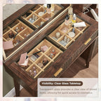 T4TREAM 48" Fluted Makeup Vanity Desk with 36" Lighted Mirror, Dark Walnut | Smart LED Mirror, Visible Glass Top, 5 Drawers & Adjustable Storage Shelves, Charging Station, Bedroom Makeup Storage