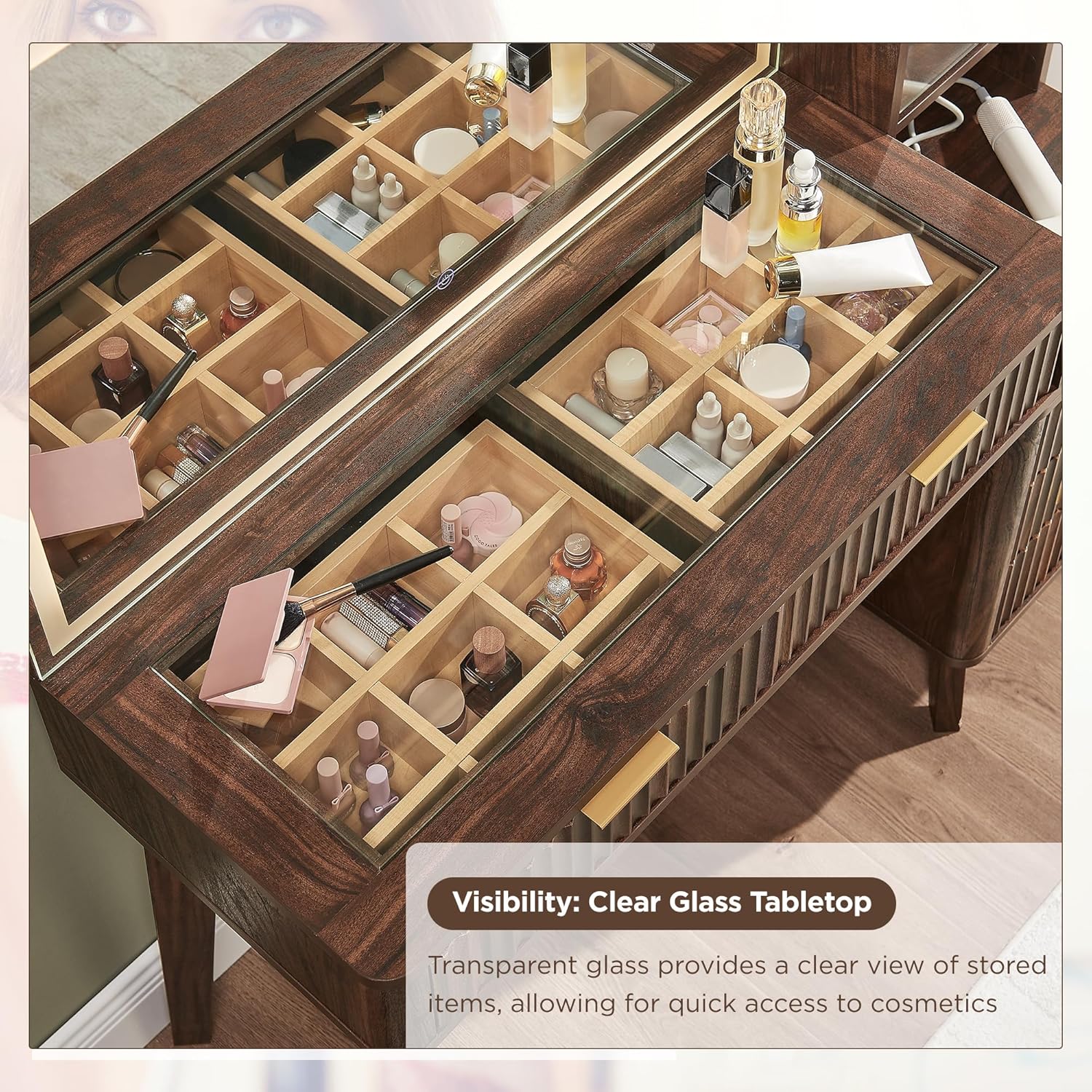 T4TREAM 48" Fluted Makeup Vanity Desk with 36" Lighted Mirror, Dark Walnut | Smart LED Mirror, Visible Glass Top, 5 Drawers & Adjustable Storage Shelves, Charging Station, Bedroom Makeup Storage